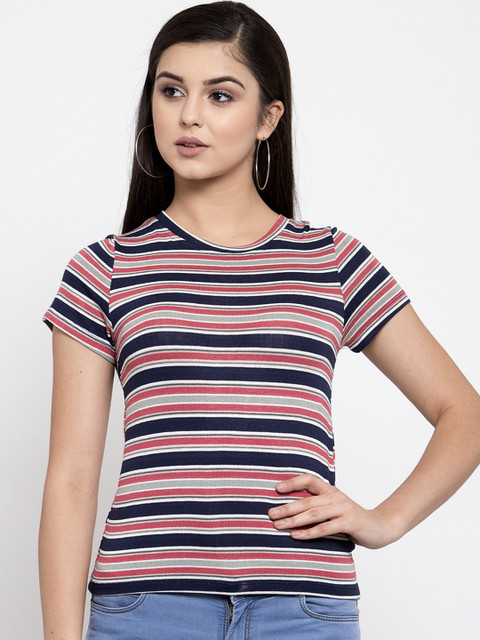 

Global Republic Women Navy Blue & Red Striped Round Neck T-shirt