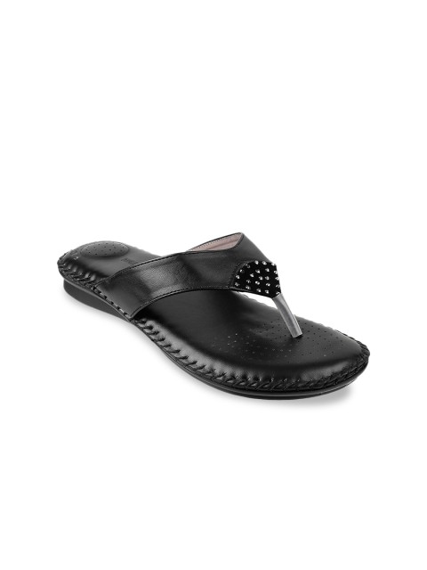

WALKWAY Women Black Solid Leather Open Toe Flats