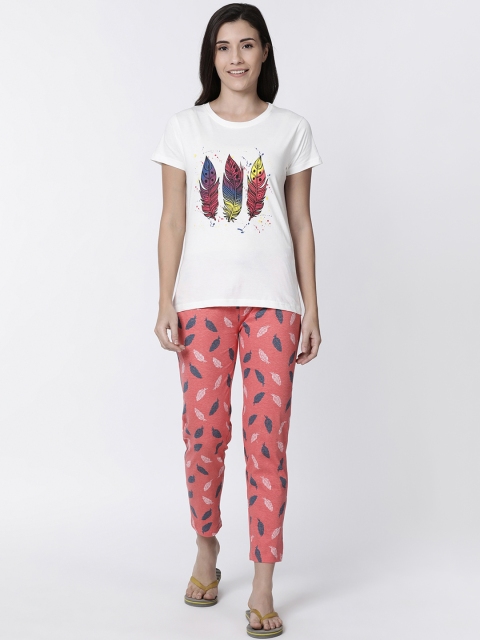 

Kryptic Women Off-White & Pink Printed Night Suit