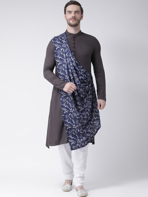 

DEYANN Men Grey & Navy Blue Solid Straight Asymmetric Kurta With Attached Drape