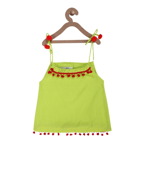 BownBee Girls Green Solid A-Line Pure Cotton Top