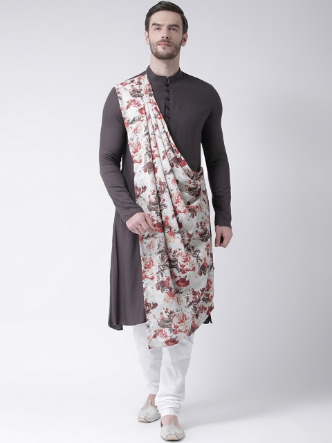 

DEYANN Men Grey & Cream-Coloured Printed Straight Kurta With Attached Drape