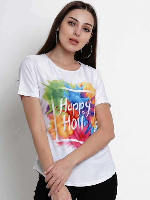 

Lady Stark Women White & Pink Printed Round Neck T-shirt