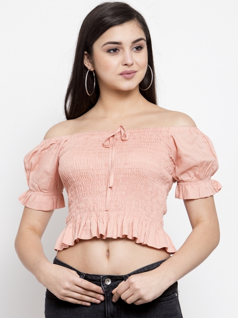 Global Republic Women Pink Solid Crop Bardot Top