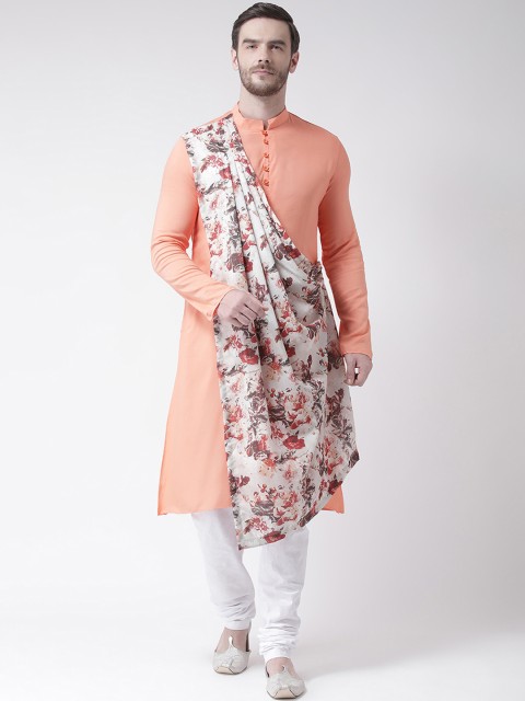 

DEYANN Men Orange & Cream-Coloured Printed Straight Kurta with Attached Drape
