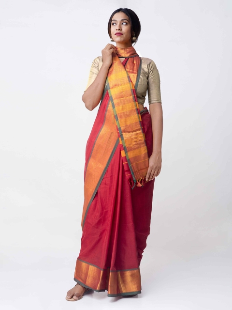 Unnati Silks Red & Gold-Toned Pure Cotton Solid Narayan Peth Saree