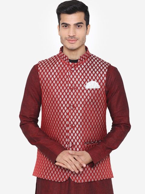 

Wintage Men Red & Silver-Toned Woven Design Nehru Jacket