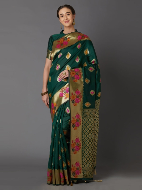 

Mitera Green & Gold-Toned Silk Blend Woven Design Kanjeevaram Saree