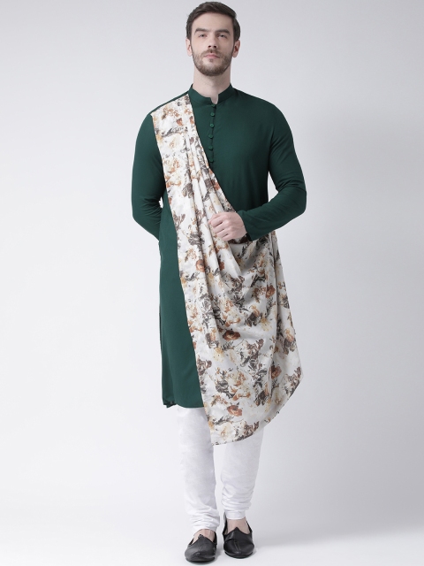 

DEYANN Men Green & Cream-Coloured Solid Straight Kurta With Attached Drape