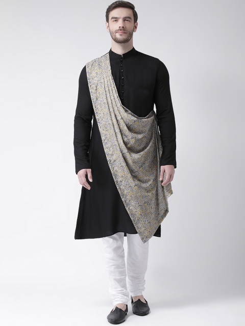 

DEYANN Men Black & Yellow Printed Kurta with Churidar & Attached Dupatta