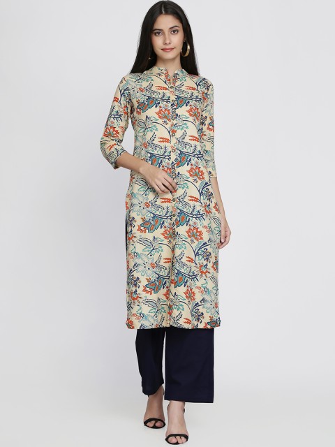 

Adizya Women Beige & Blue Printed Straight Kurta