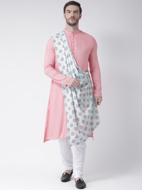 

DEYANN Men Pink & Green Solid Straight Asymmetric Kurta With Attached Drape