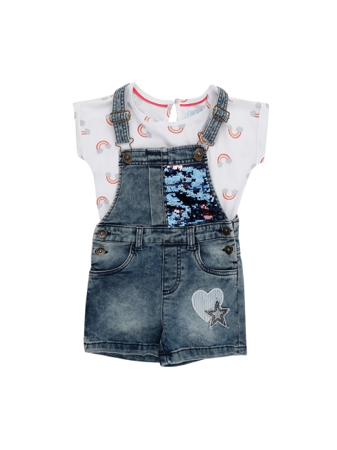 

Pantaloons Junior Girls Blue & White Straight Leg Dungaree With T-shirt