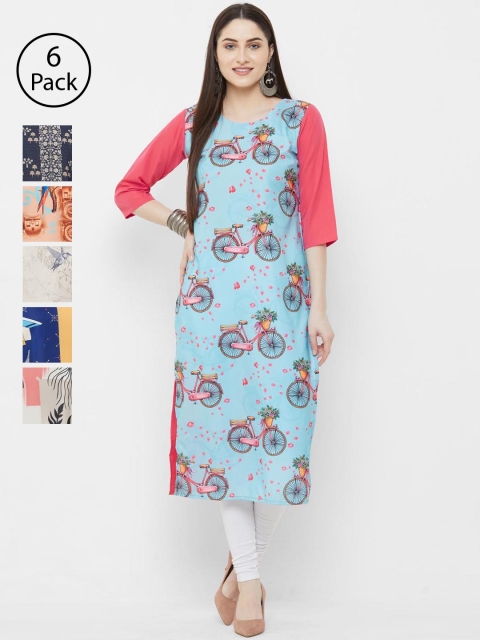 

7Threads Women Pack of 6 Printed Straight Kurtas, Turquoise blue