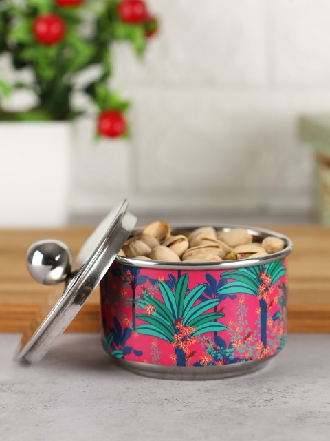 

India Circus by Krsnaa Mehta Silver-Toned & Magenta Royal Palms Printed Bowl with Lid