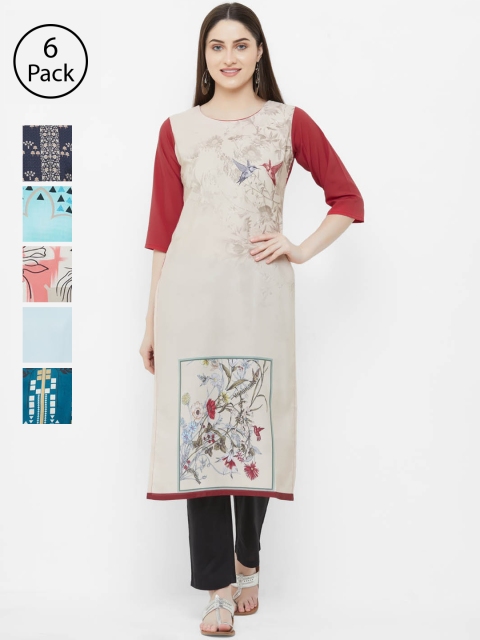 

7Threads Women Pack of 6 Printed Straight Kurtas, Beige