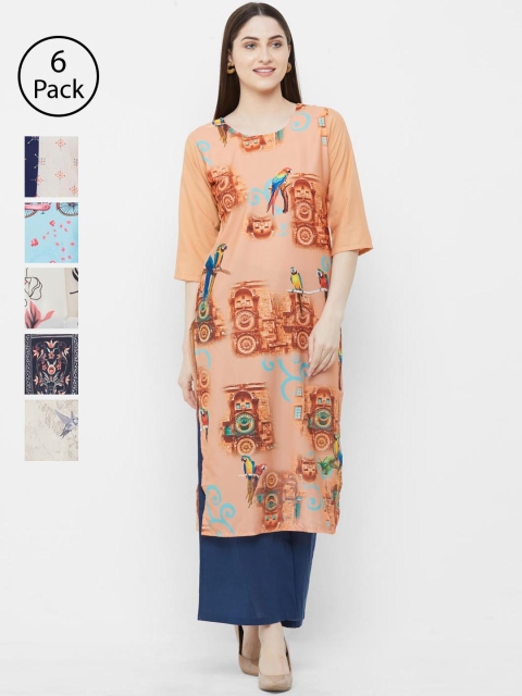

7Threads Women Pack of 6 Printed Straight Kurtas, Orange