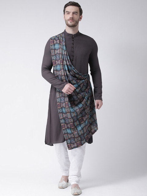

DEYANN Men Grey & Black Solid Straight Kurta With Attached Drape