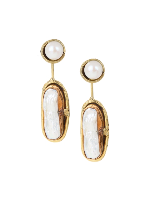

ZeroKaata Gold-Toned & Off-White Oval Drop Earrings