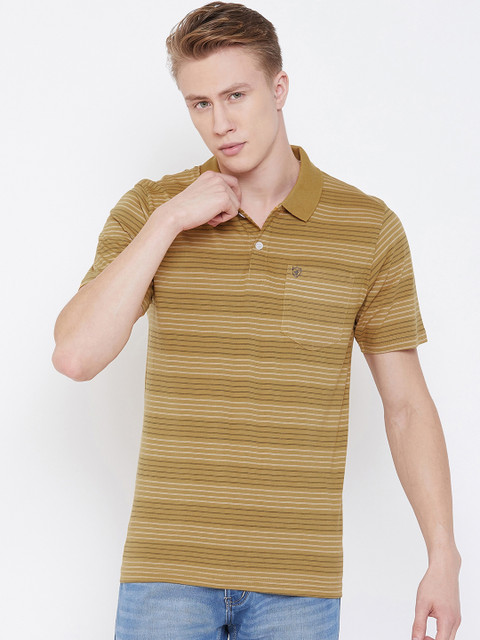 

NEVA Men Khaki & White Striped Polo Collar T-shirt