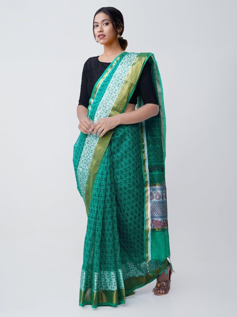 

Unnati Silks Green Silk Cotton Printed Banarasi Saree