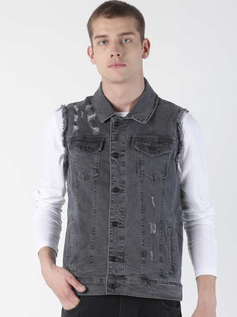 

Blue Saint Men Grey Solid Distressed Denim Jacket