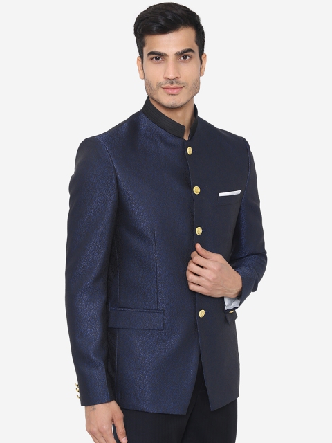 

Wintage Men Blue Self-Design Tailored-Fit Bandhgala Party Blazer