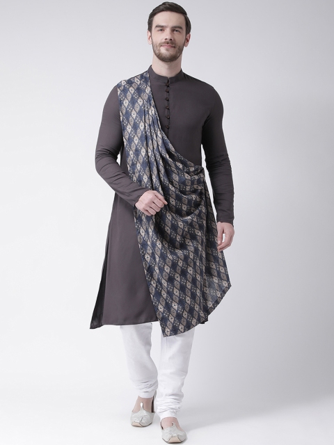 

DEYANN Men Grey & Navy Blue Solid Straight Asymmetric Kurta With Attached Drape