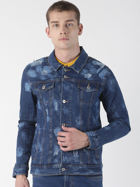 

Blue Saint Men Blue Solid Distressed Denim Jacket
