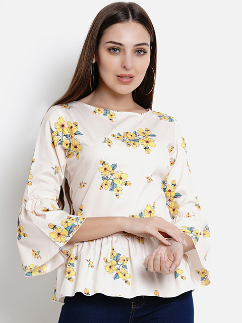 

Lady Stark Women White & Yellow Printed Peplum Top
