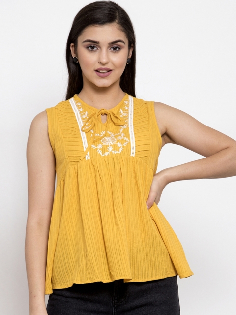 

Global Republic Women Mustard Yellow & White Embroidered A-Line Top