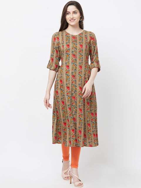 Fusion Beats Women Beige & Red Printed A-Line Kurta