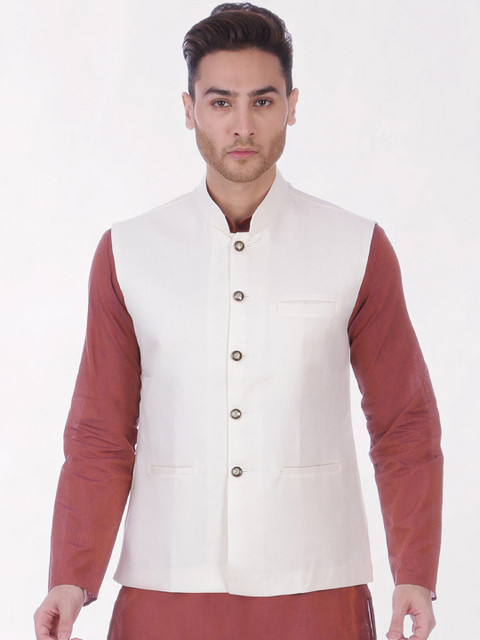 

RAJUBHAI HARGOVINDAS Men Off White Solid Slim-Fit Nehru Jacket