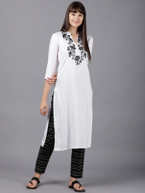 

Vishudh Women White & Black Embroidered Kurta with Trousers