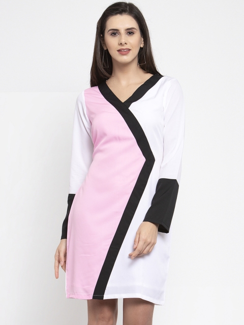 

Karmic Vision Women White & Pink Colourblocked Sheath Dress