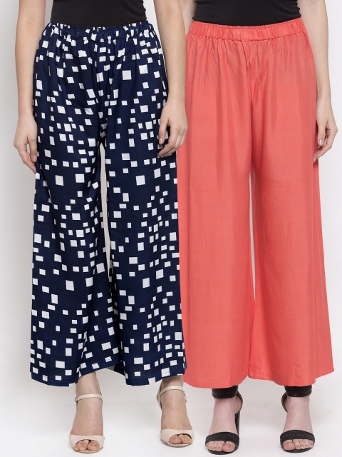 

TAG 7 Women Set of 2 Navy Blue & Peach-Coloured Printed Wide Leg Palazzos