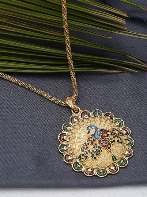 

ZeroKaata Gold-Plated Green & Maroon Peacock Motif Handcrafted Pendant with Chain