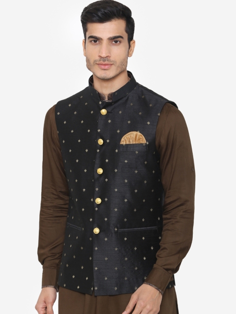 

Wintage Men Black Woven Design Satin Nehru Jacket