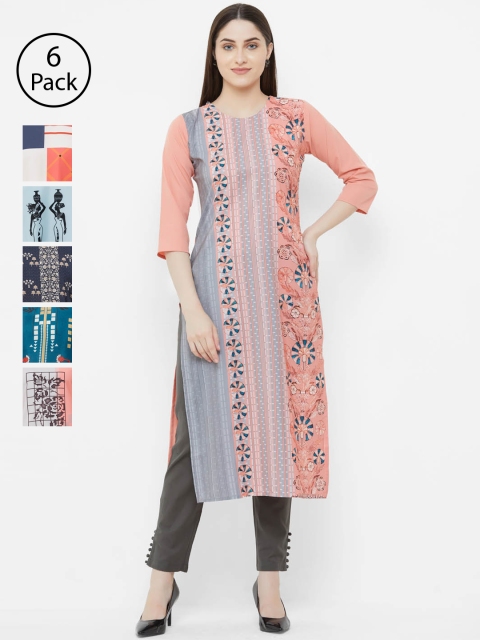 7Threads Women Pack of 6 Printed Straight Kurtas, Pink