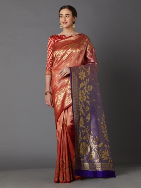 

Mitera Maroon & Gold-Toned Silk Blend Woven Design Kanjeevaram Saree