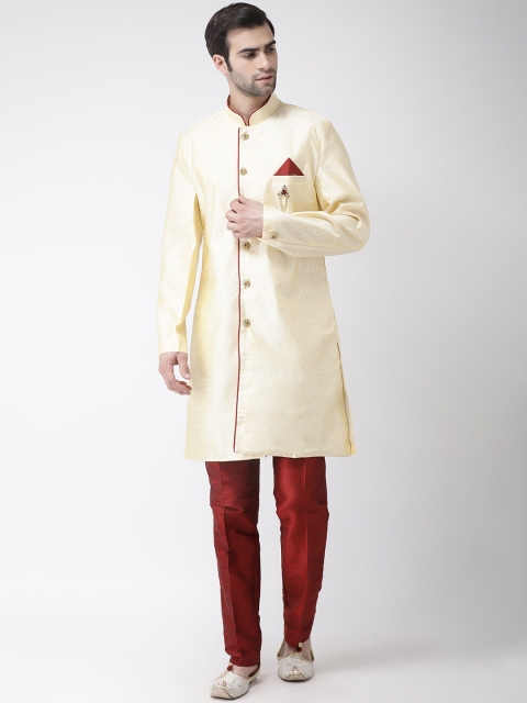 

SG LEMAN Men Cream-Coloured & Maroon Solid Silk Sherwani