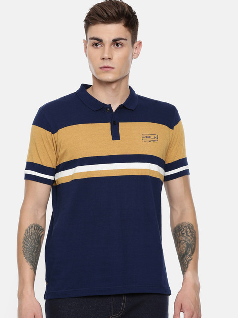 

Proline Active Men Navy Blue Mustard Yellow Colourblocked Polo Collar Pure Cotton T-shirt