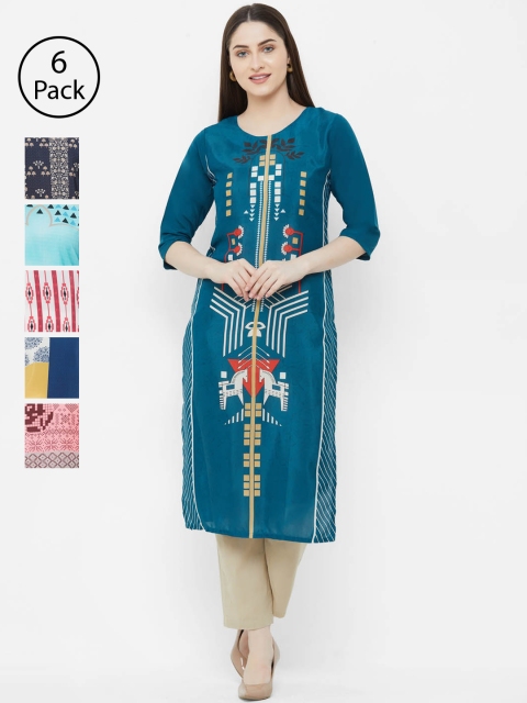 

7Threads Women Pack of 6 Printed Straight Kurtas, Teal