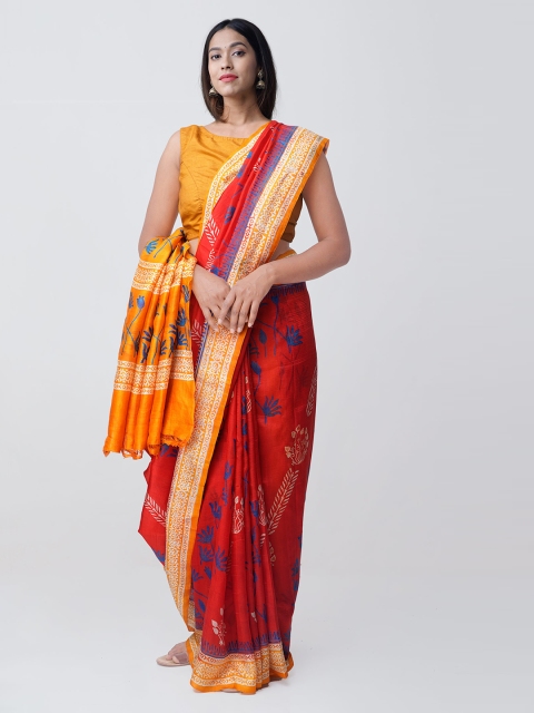 

Unnati Silks Red & Orange Pure Bengal Silk Printed Saree