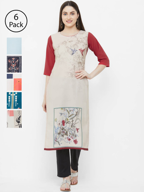 

7Threads Women Pack of 6 Printed Straight Kurtas, Beige
