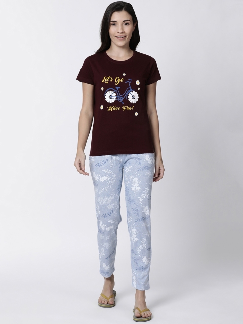 

Kryptic Women Burgundy & Blue Printed Night Suit