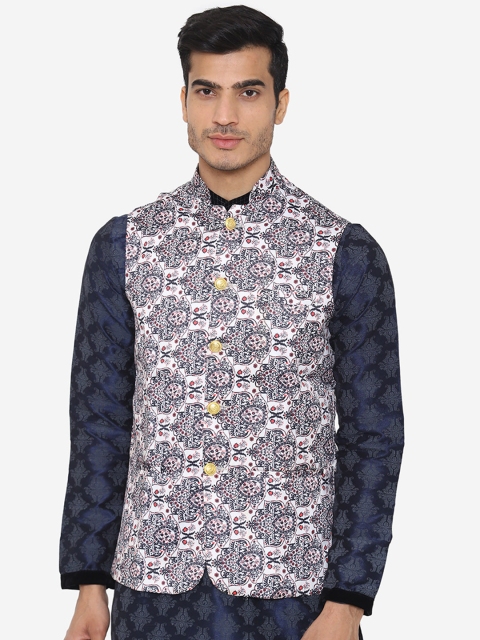 

Wintage Men White & Blue Printed Satin Nehru Jacket