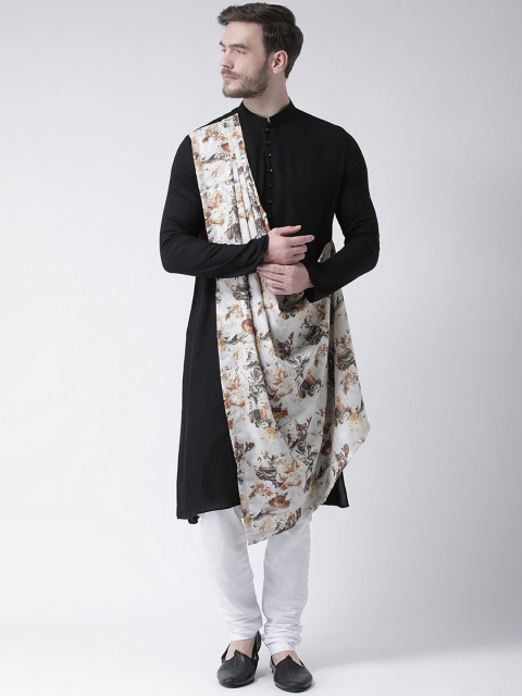 

DEYANN Men Black & Cream-Coloured Printed Drape Kurta with Churidar