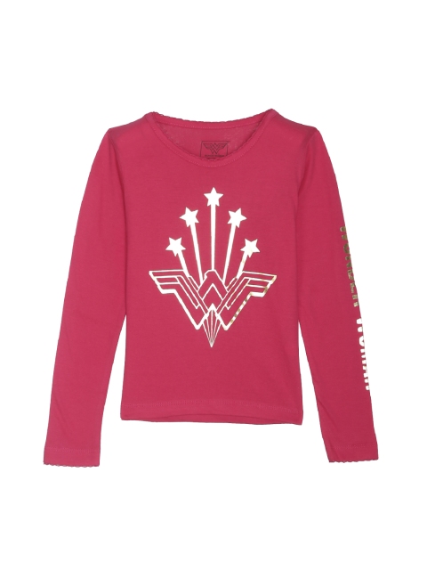 

Kids Ville Girls Pink Wonder Woman Printed Round Neck T-shirt