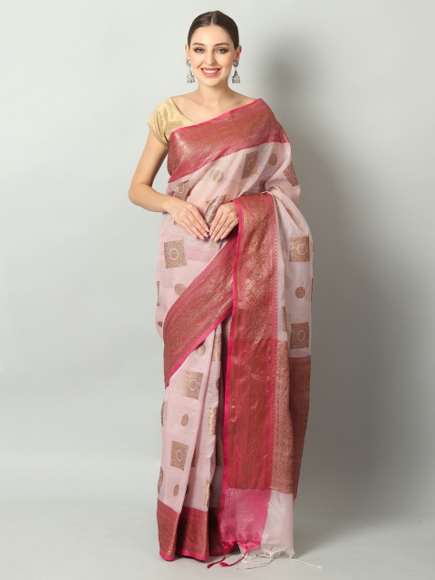 

EthnicRoom Pink & Gold-Toned Silk Cotton Woven Design Kota Saree